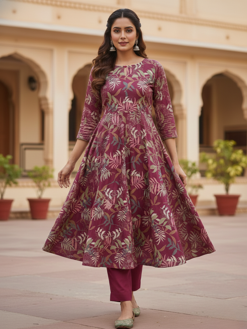 Deep Rouge Pink Cottswool Matching Printed 2-Piece Suit Set