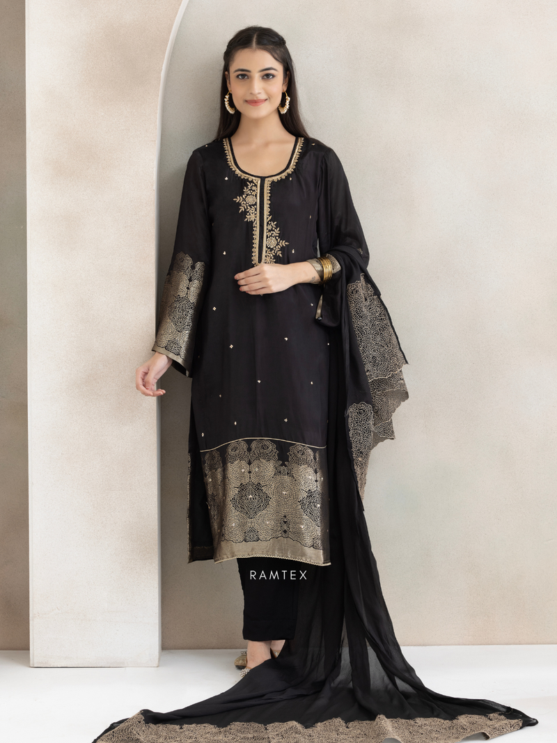 Black Jacquard Pure Silk Unstitched Suit Set with Golden Embroidery