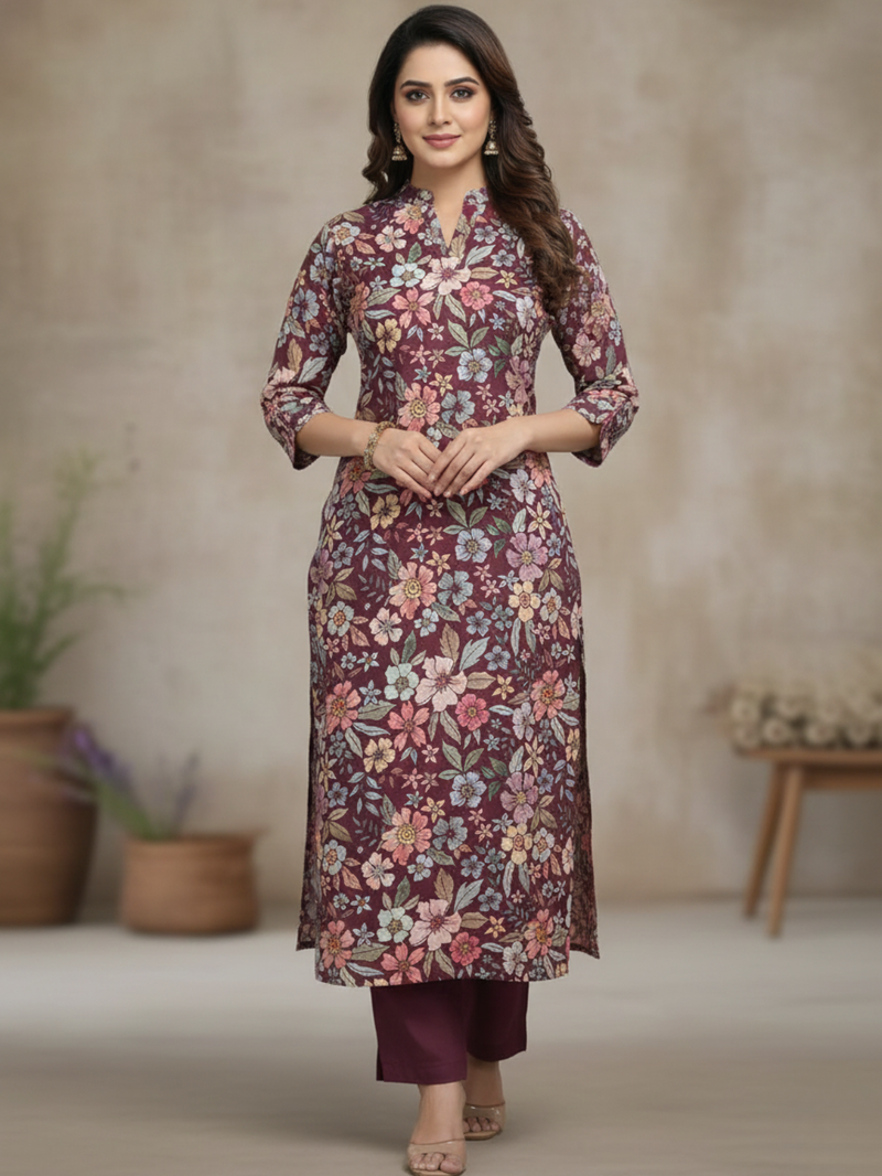 Deep Maroon Cottswool Matching Printed 2-Piece Suit Set