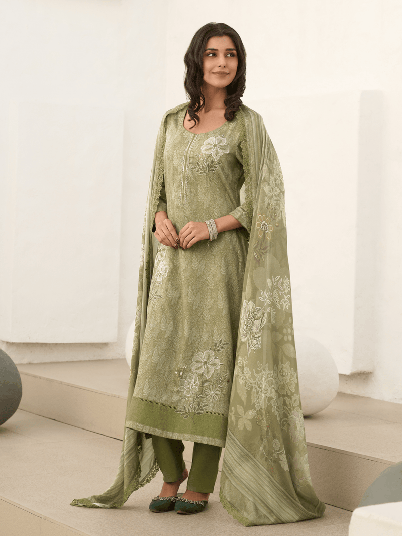 Green Cotton Embroidered Unstitched Suit Set – Label Ramtex