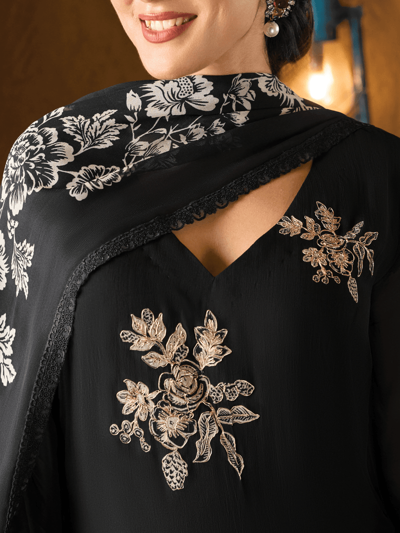 Black Georgette Printed Embroidered Unstitched Suit Set – Label Ramtex