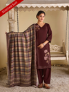 Burnt Maroon Pashmina Embroidered Stitched Suit Set with Shawl