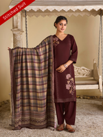 Burnt Maroon Pashmina Embroidered Stitched Suit Set with Shawl