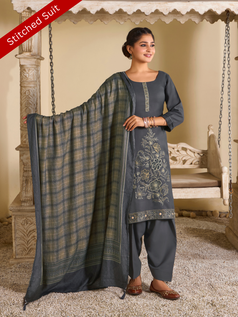 Deep Grey Pashmina Embroidered Stitched Suit Set with Shawl