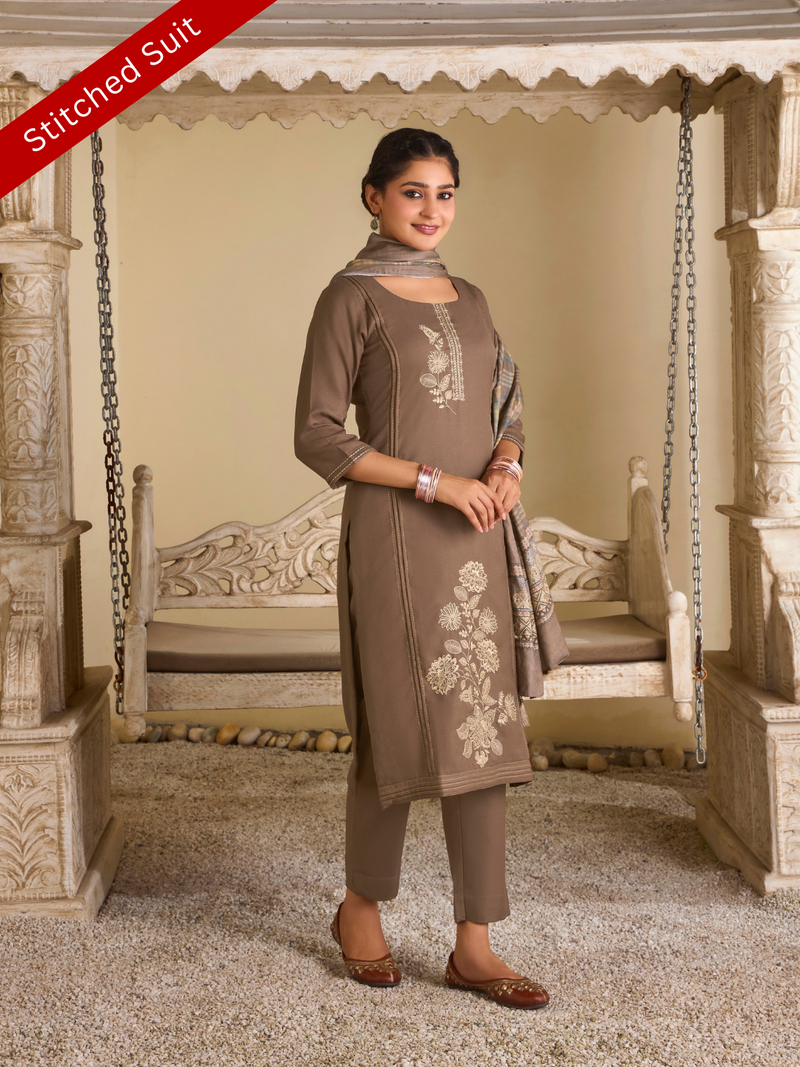 Light Woody Pashmina Embroidered Stitched Suit Set with Shawl