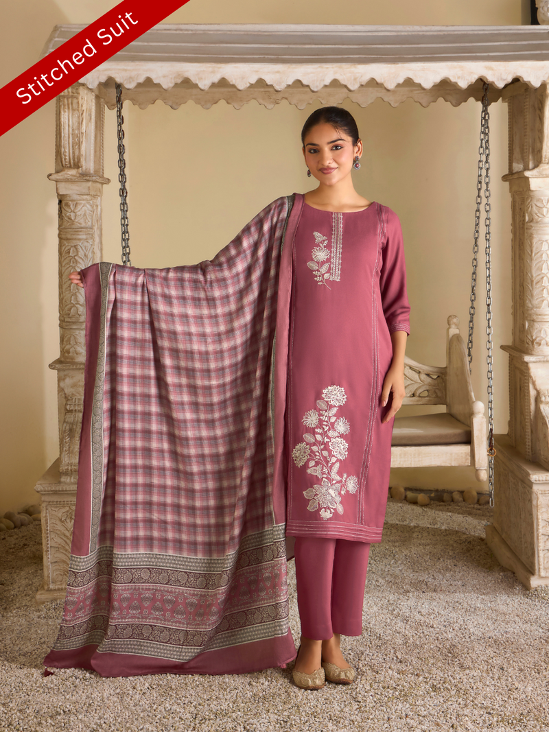 Rouge Pink Pashmina Embroidered Stitched Suit Set with Shawl