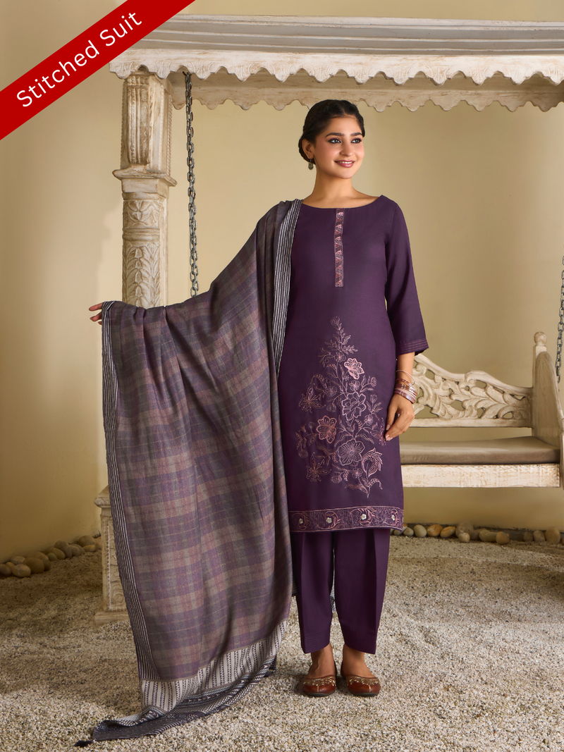 Dark Mauve  Pashmina Embroidered Stitched Suit Set with Shawl
