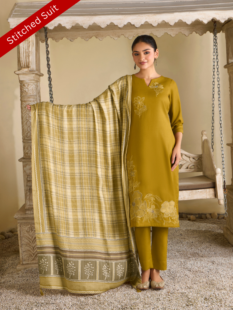 Deep Gold Pashmina Embroidered Stitched Suit Set with Shawl