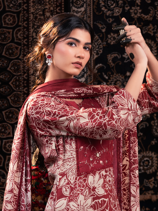 Intricate Handwork and Digital Prints on Muslin Stitched Suit Set