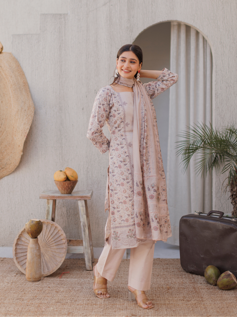 Cotton Printed Lace Work Unstitched Suit Set