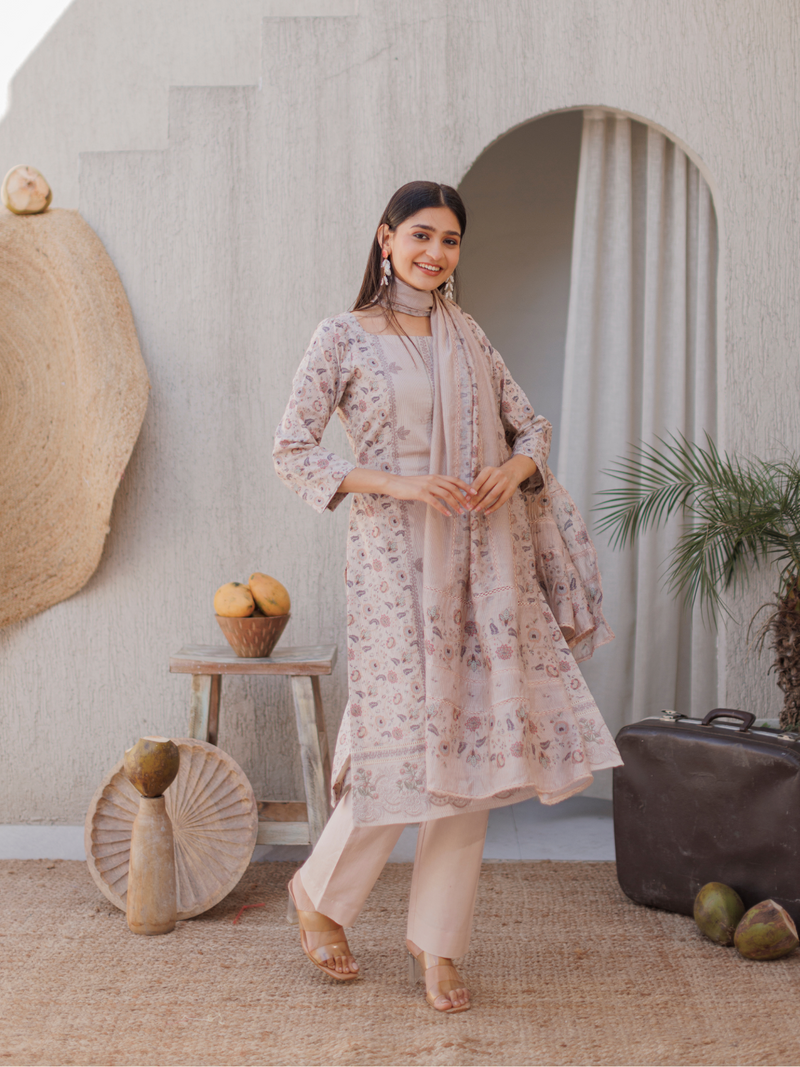 Cotton Printed Lace Work Unstitched Suit Set