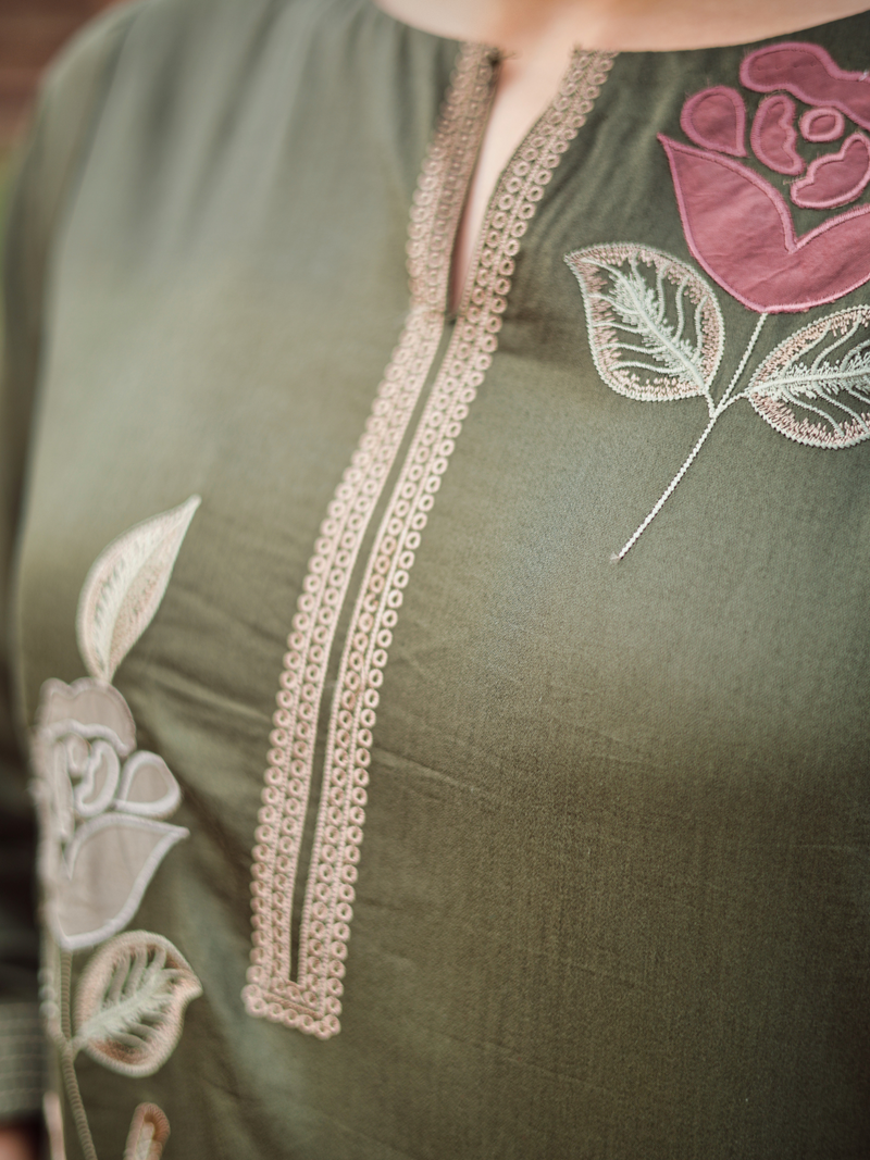 Olive Cotton Embroidered Patchwork Unstitched Suit Set