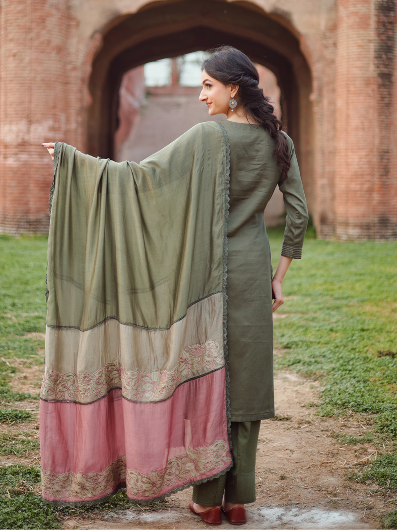 Olive Cotton Embroidered Patchwork Unstitched Suit Set