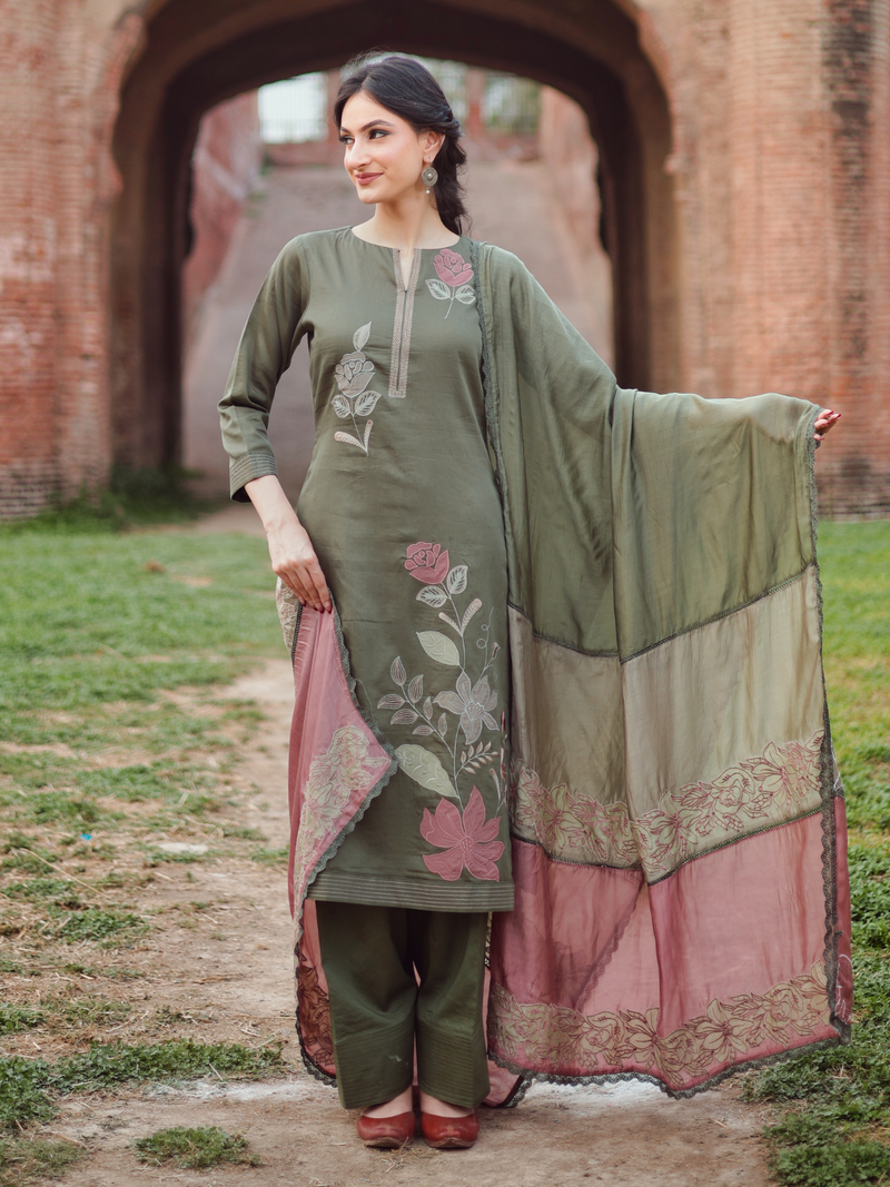 Olive Cotton Embroidered Patchwork Unstitched Suit Set