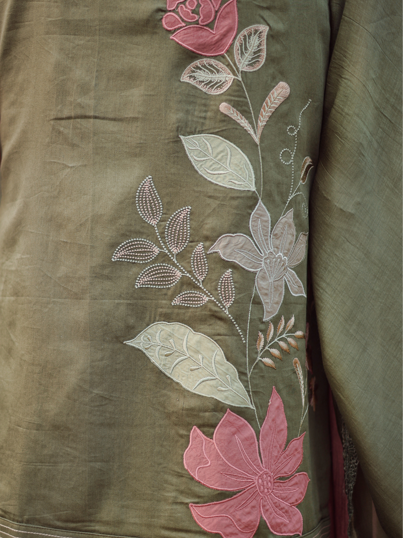 Olive Cotton Embroidered Patchwork Unstitched Suit Set
