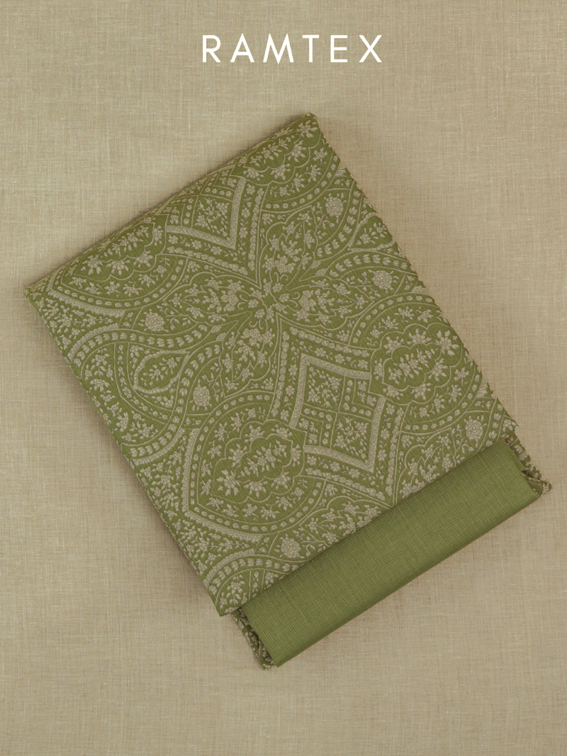 Olive Matching Printed Unstitched Suit 2 Pc Set