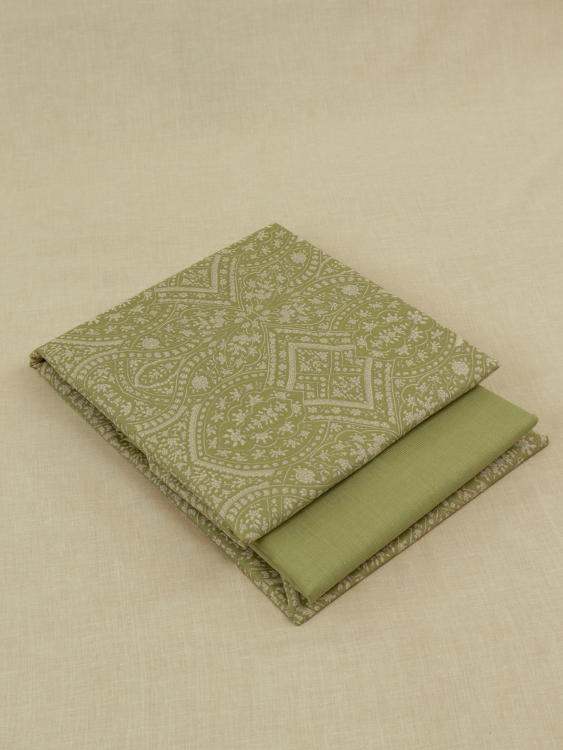Olive Matching Printed Unstitched Suit 2 Pc Set
