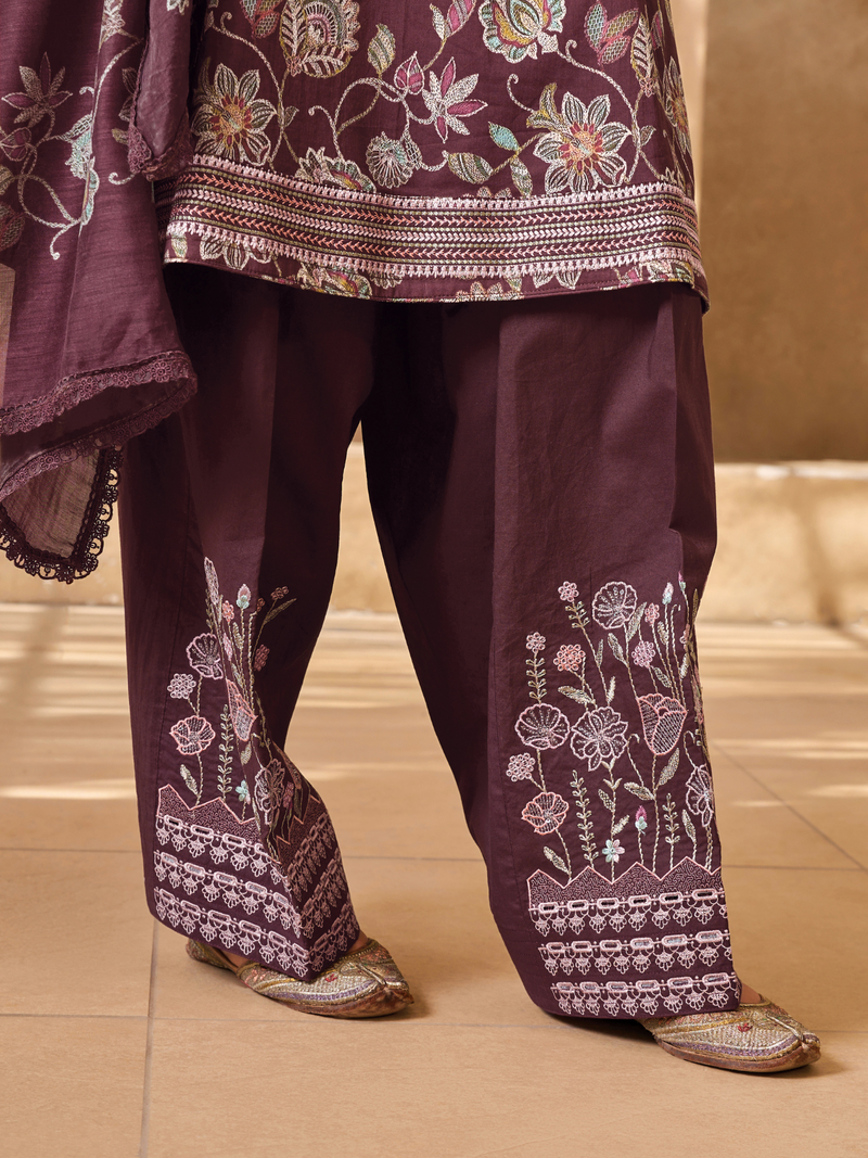 Royal Plum Embroidered Unstitched Suit Set