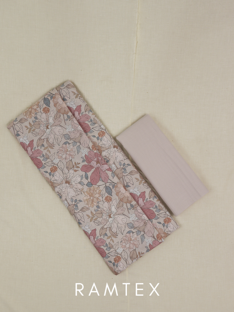 Coral Peach Matching Printed Unstitched Suit 2 Pc Set