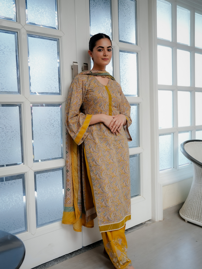 Mustard Digital Printed Unstitched Suit Set
