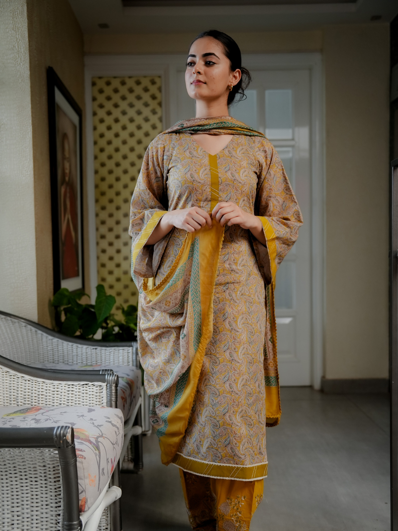 Mustard Digital Printed Unstitched Suit Set