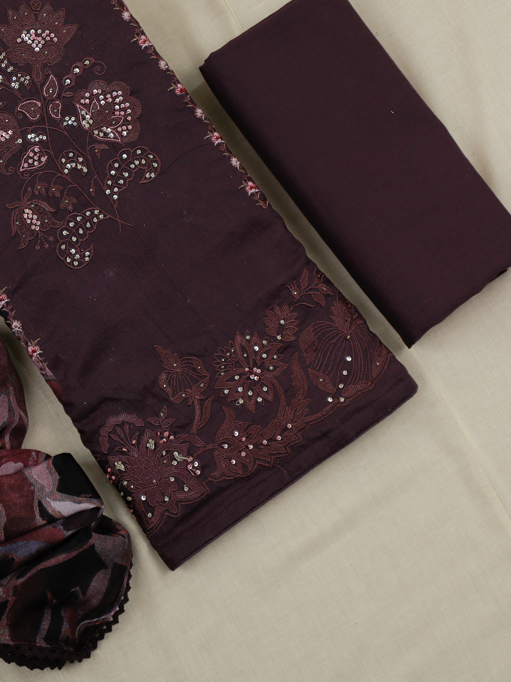 Plum Embroidered Digital Printed Unstitched Suit Set