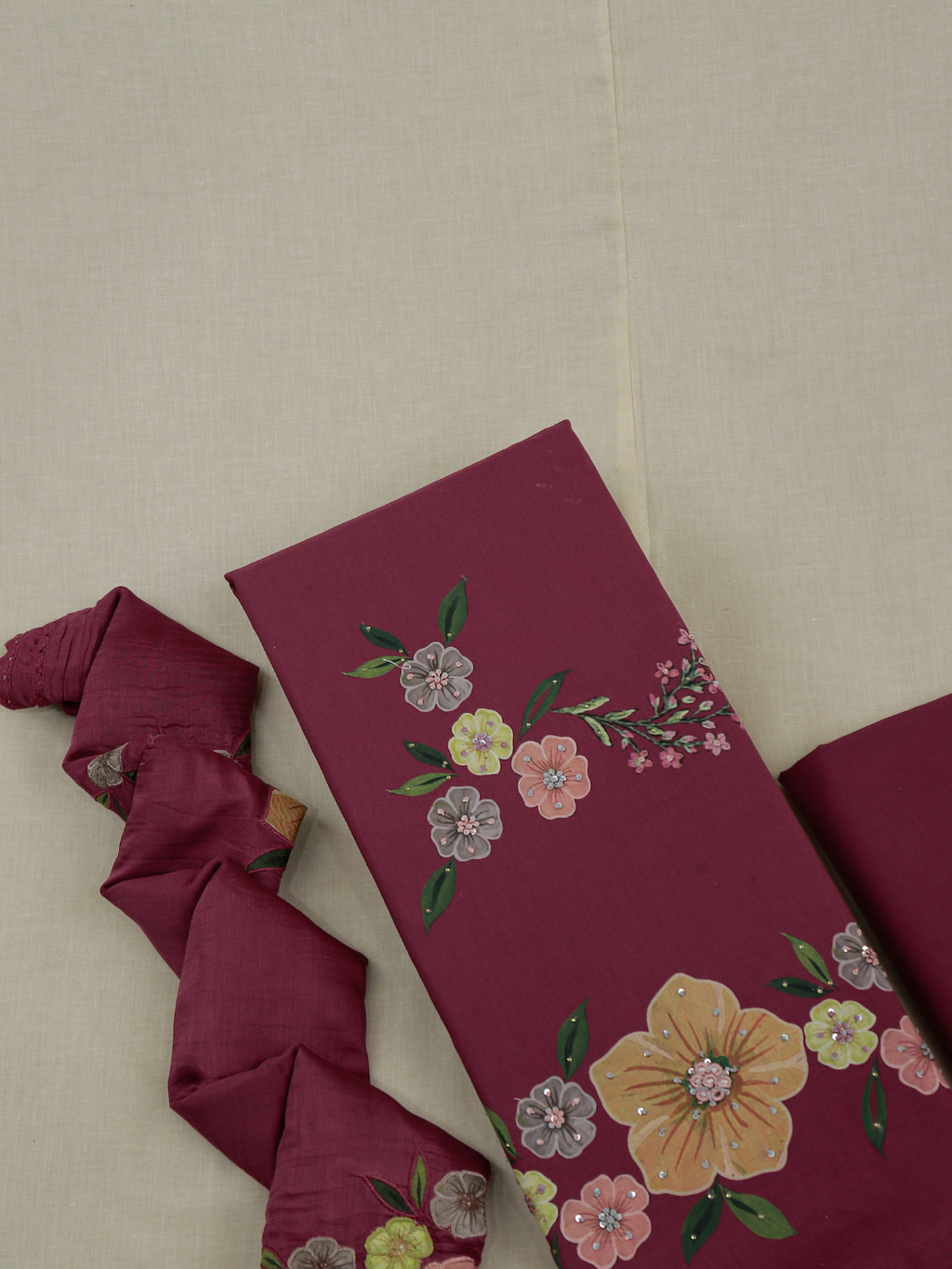 Rose Red Embroidered Digital Printed Unstitched Suit Set