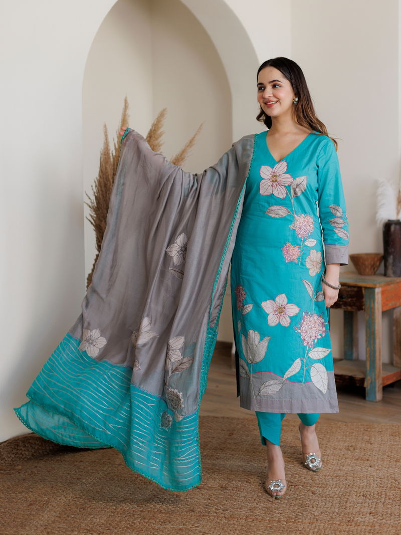 Turquoise Cotton Printed Patchwork Unstitched Suit Set