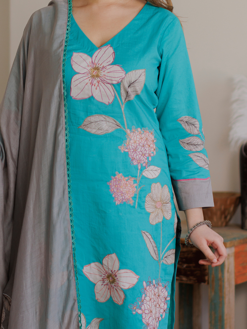 Turquoise Cotton Printed Patchwork Unstitched Suit Set