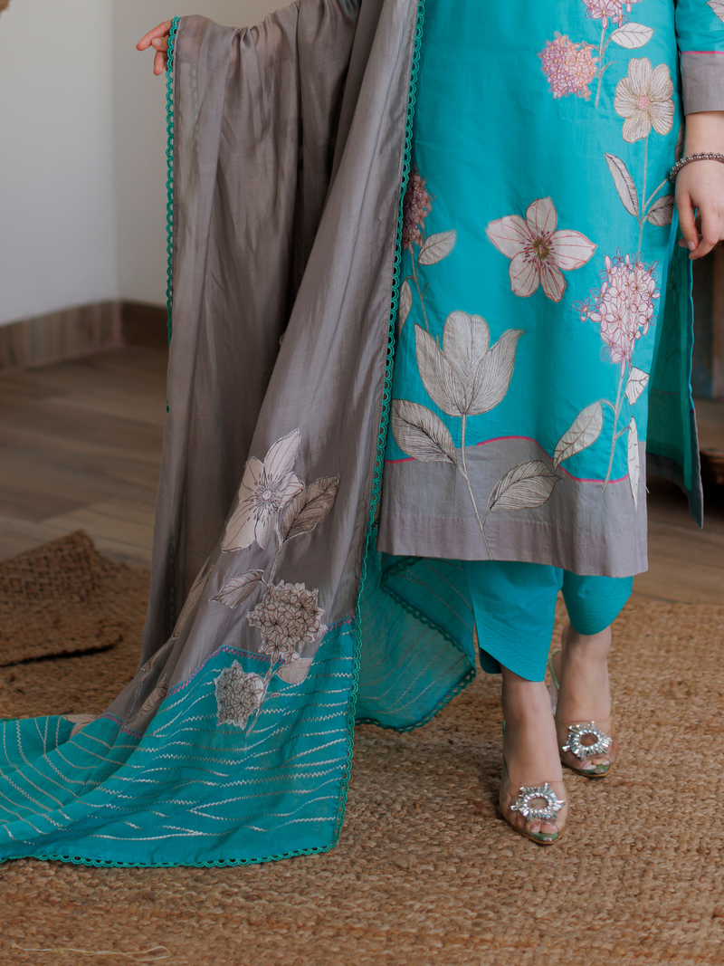 Turquoise Cotton Printed Patchwork Unstitched Suit Set