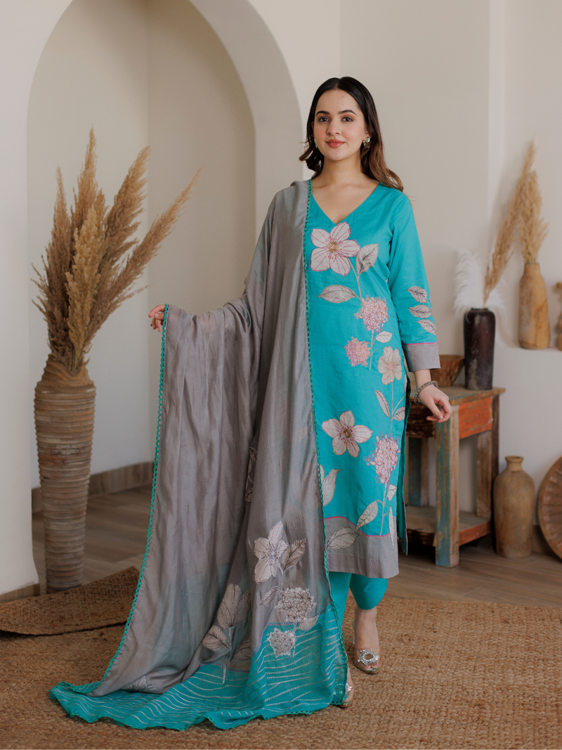 Turquoise Cotton Printed Patchwork Unstitched Suit Set