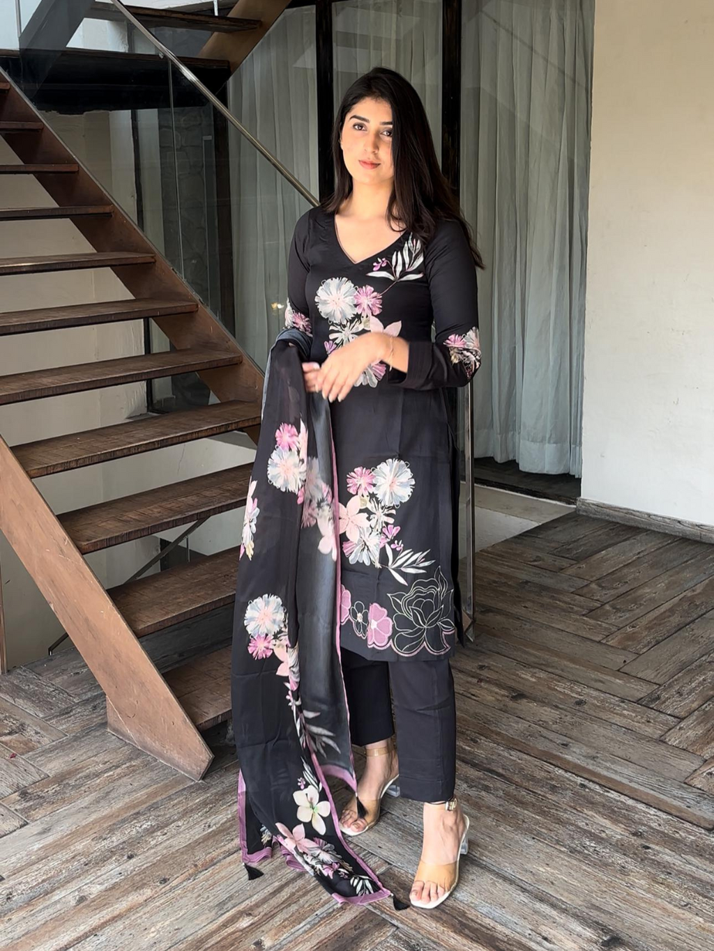 Black Cotton Multihead Patchwork Unstitched Suit Set