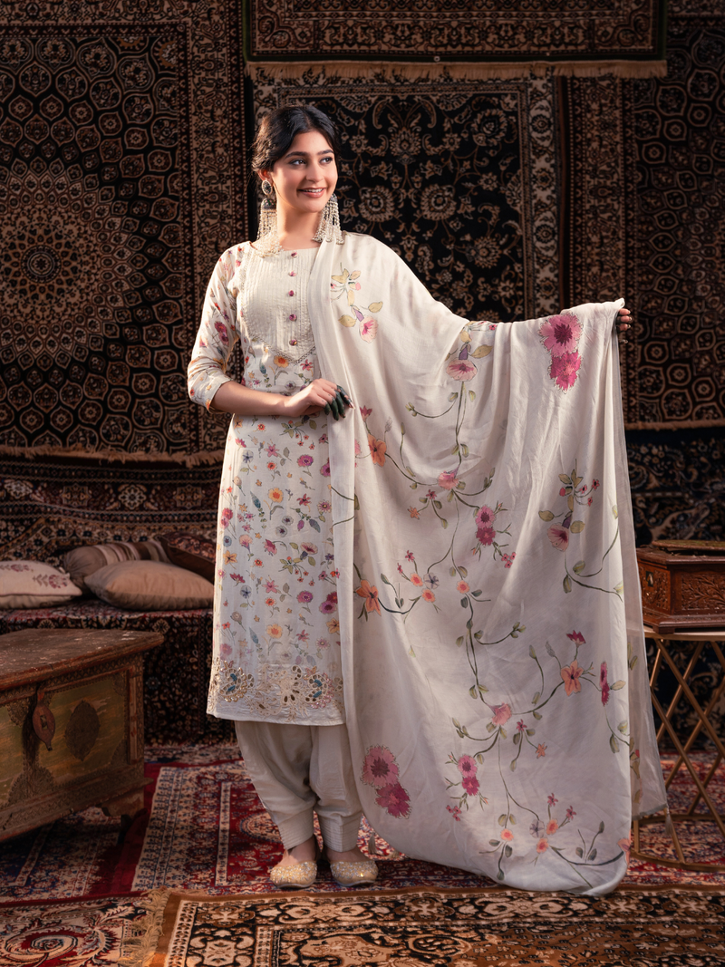 Mul Chanderi  Printed Embroidered Unstitched Suit Set