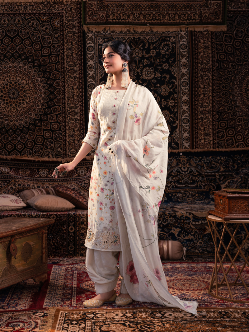 Mul Chanderi  Printed Embroidered Unstitched Suit Set