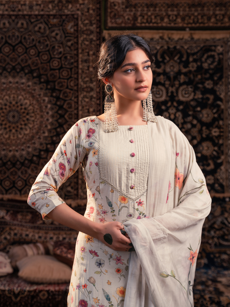 Mul Chanderi  Printed Embroidered Unstitched Suit Set