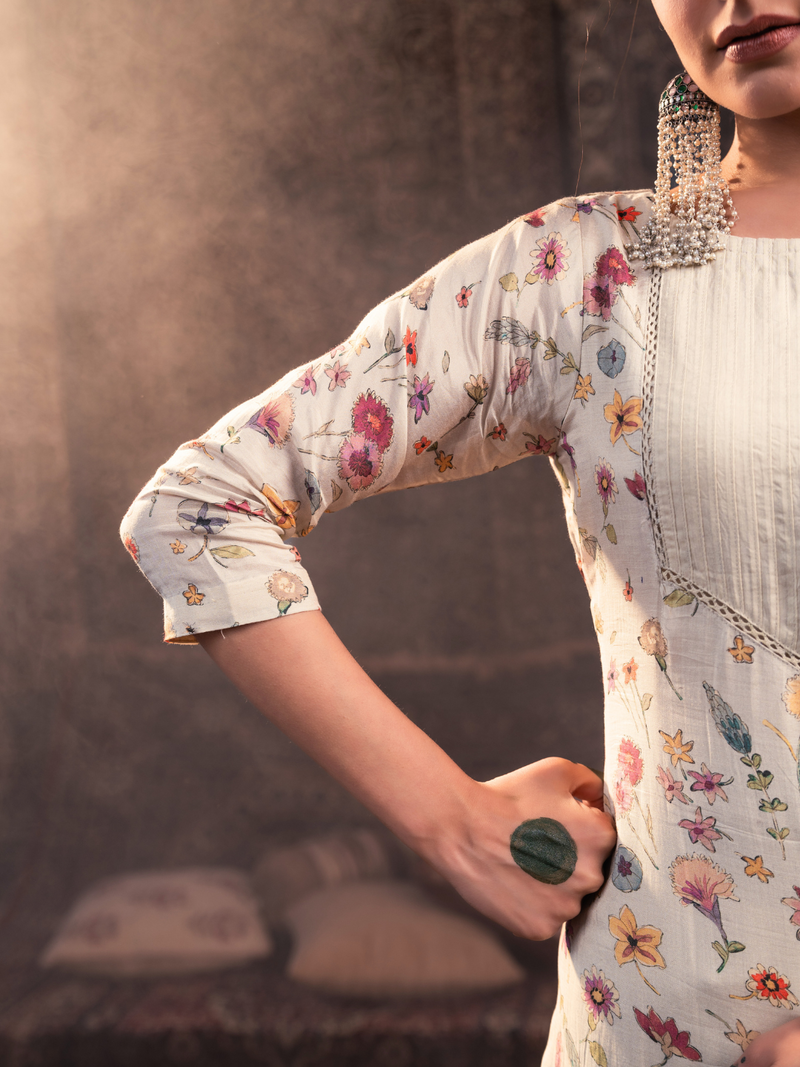Mul Chanderi  Printed Embroidered Unstitched Suit Set