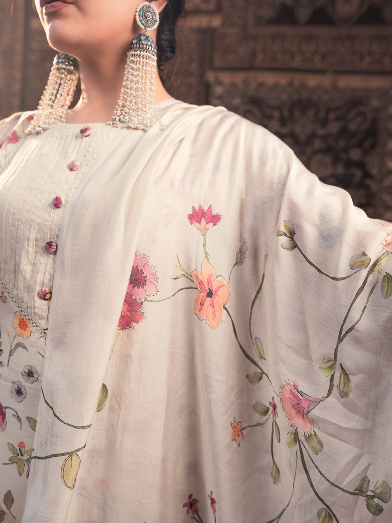 Mul Chanderi  Printed Embroidered Unstitched Suit Set