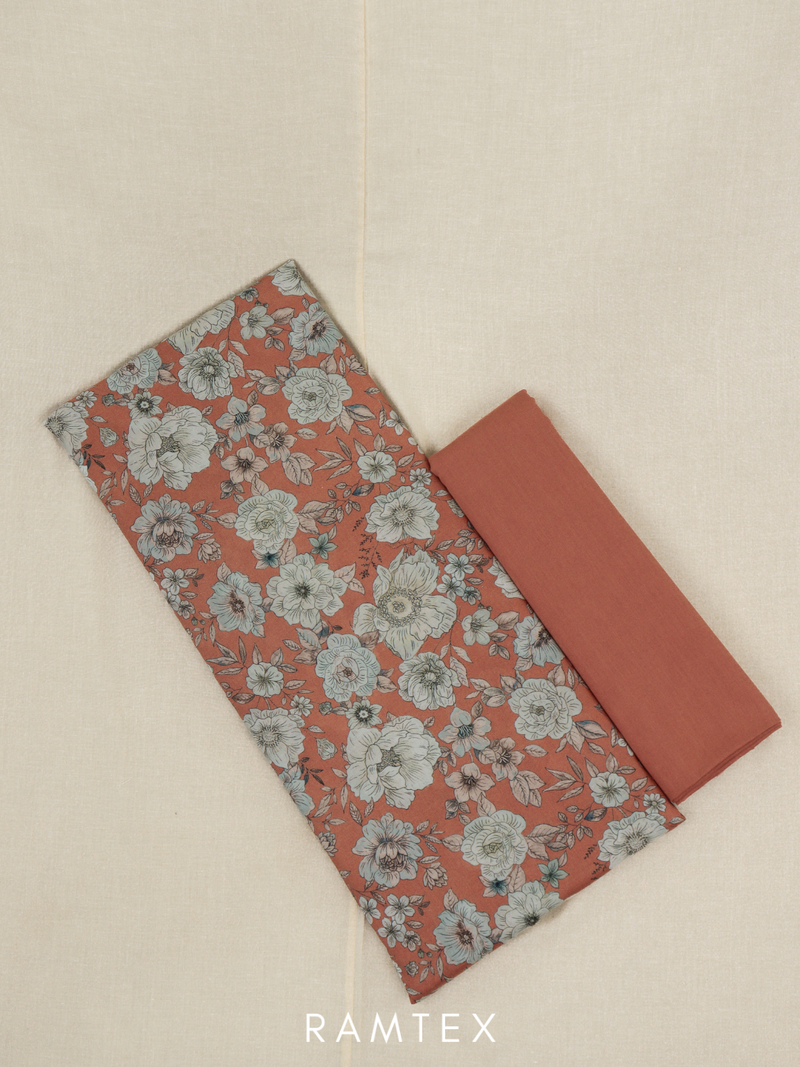 Rust Matching Printed Unstitched Suit 2 Pc Set