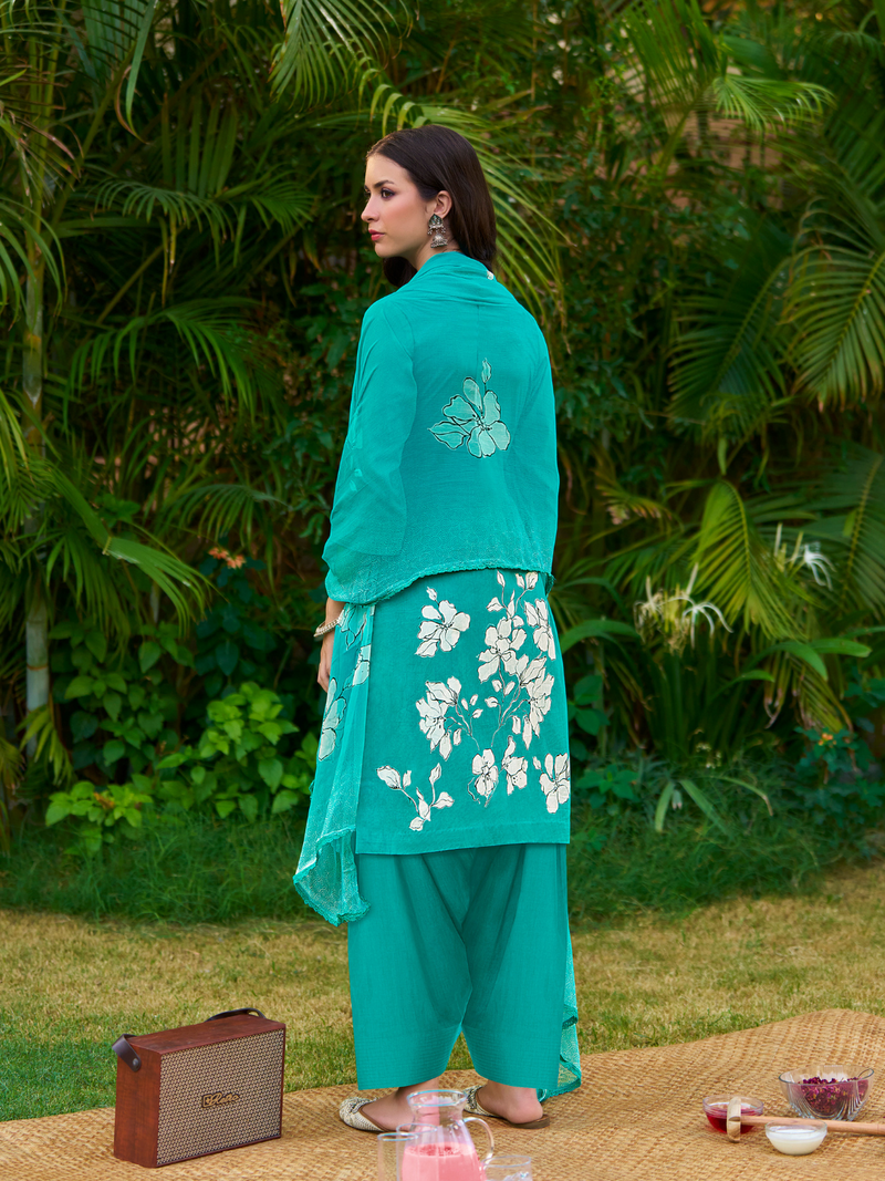 Turquoise Cotton Printed Handwork Unstitched Suit Set