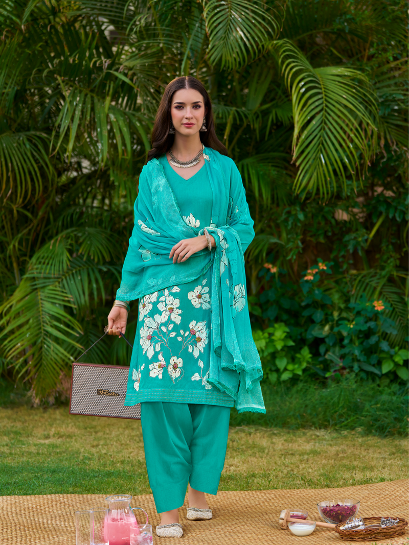 Turquoise Cotton Printed Handwork Unstitched Suit Set