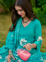 Turquoise Cotton Printed Handwork Unstitched Suit Set