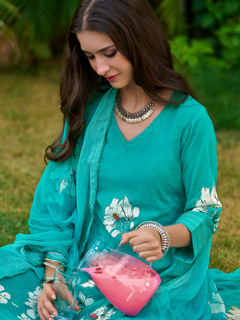 Turquoise Cotton Printed Handwork Unstitched Suit Set