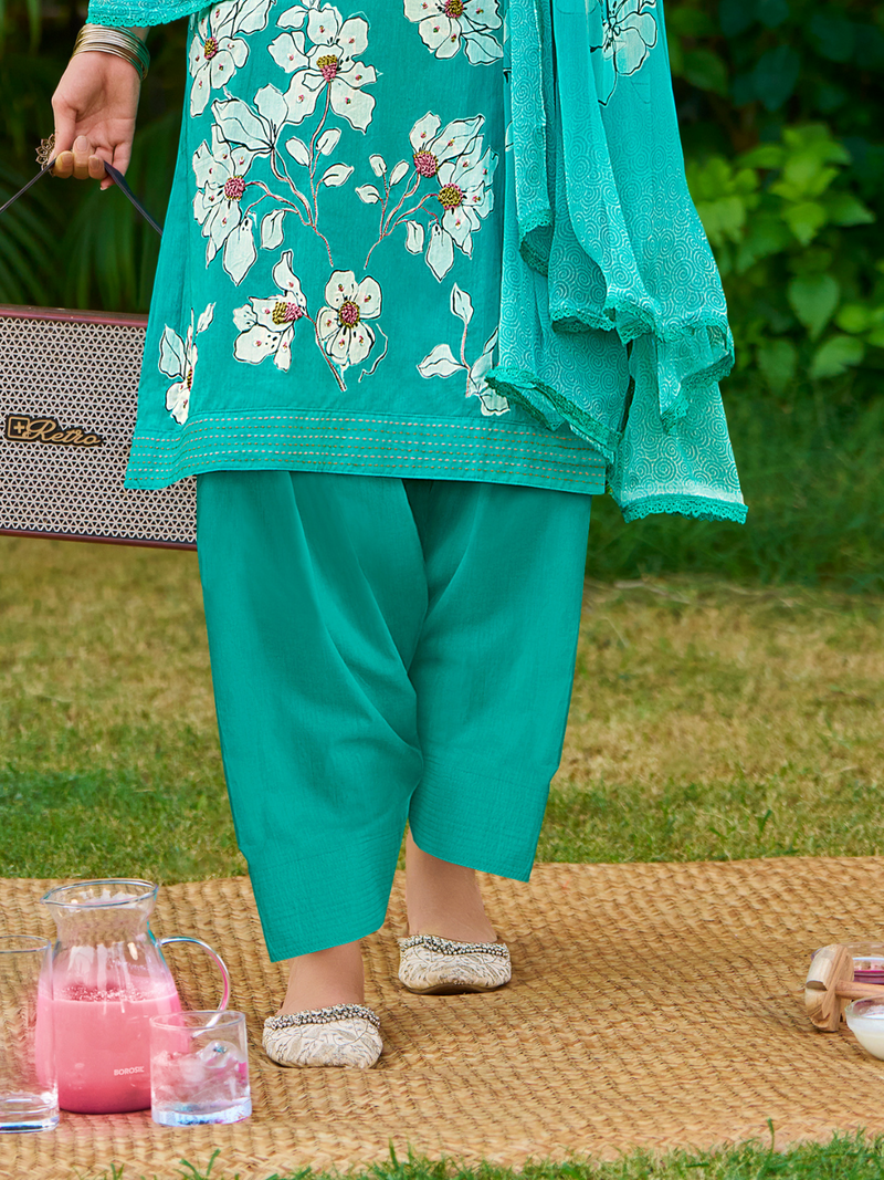 Turquoise Cotton Printed Handwork Unstitched Suit Set