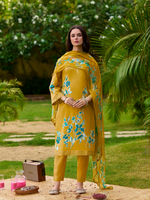 Gold Butter Cotton Printed Handwork Unstitched Suit Set