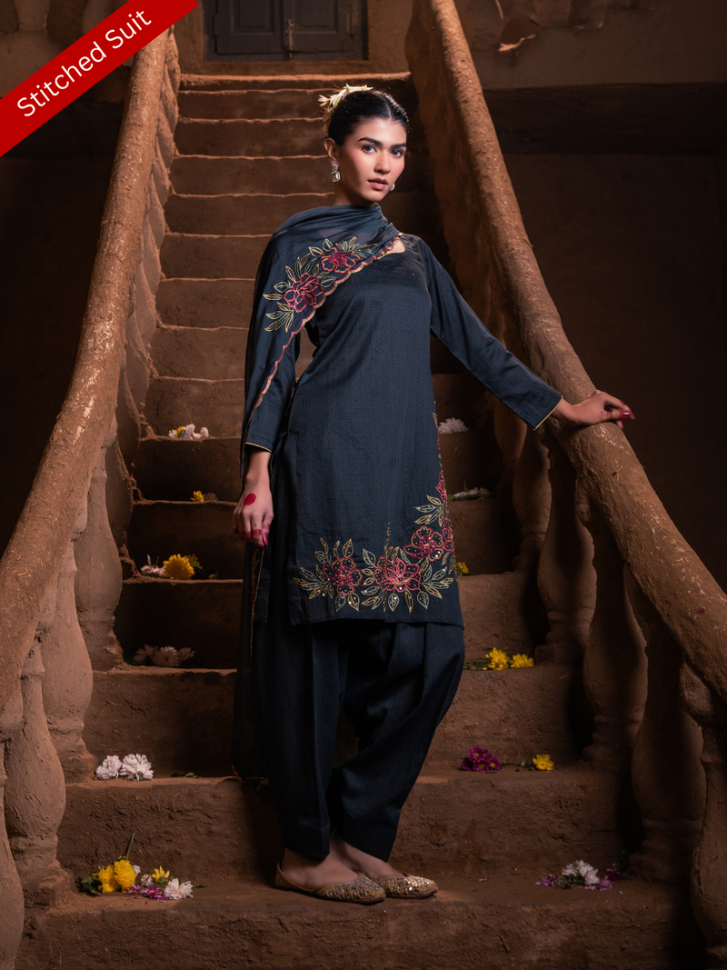 Navy Blue Cotton Stitched Suit Set