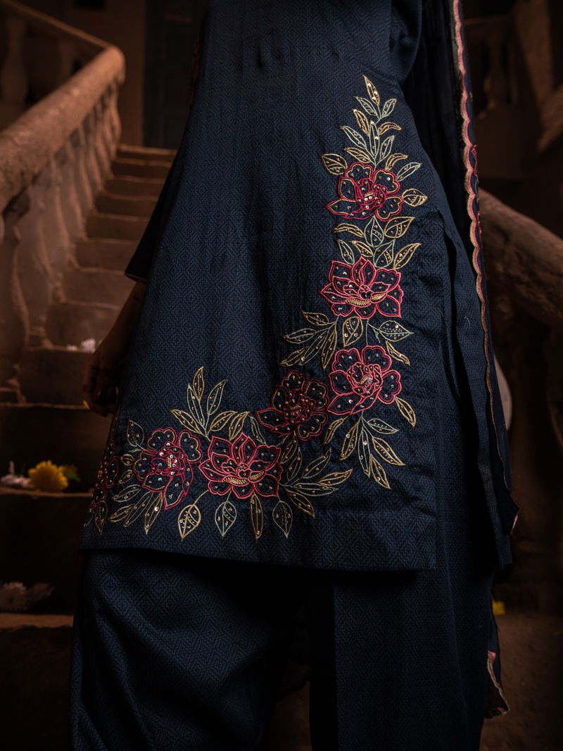 Navy Blue Cotton Stitched Suit Set