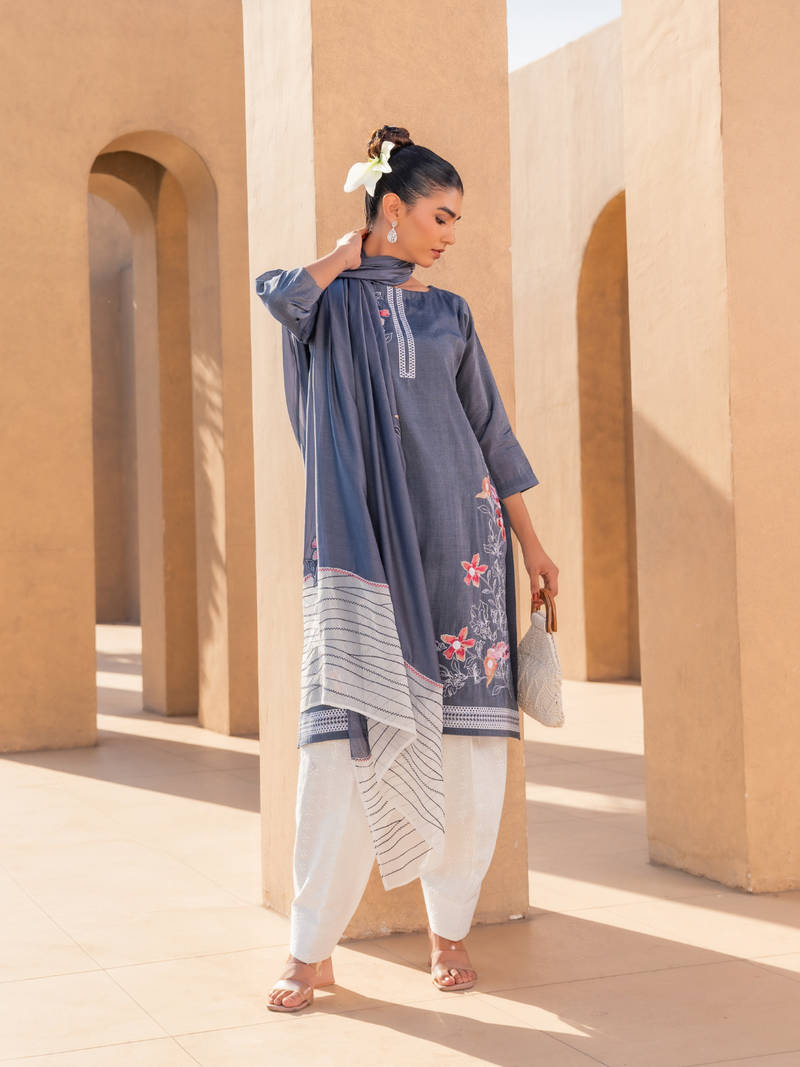 Grey Embroidered Stitched Suit Set