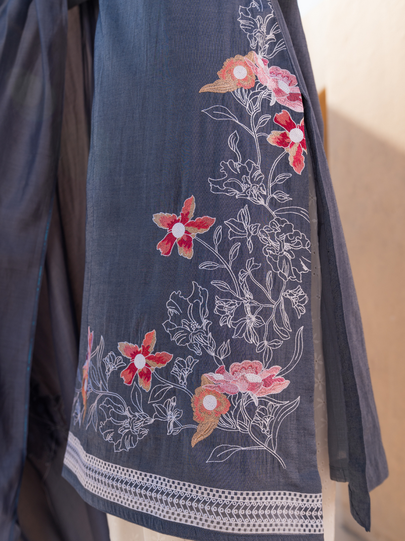 Grey Embroidered Stitched Suit Set