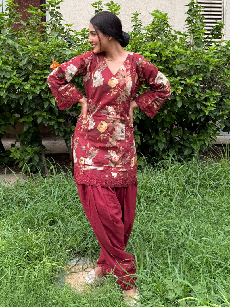 Deep Rust Matching Printed Unstitched Suit 2 Pc set