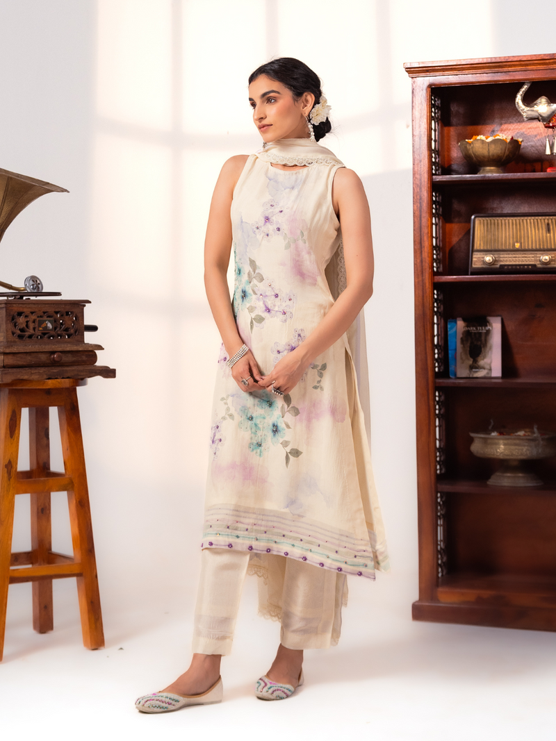 Organza Printed Handwork Unstitched Suit Set